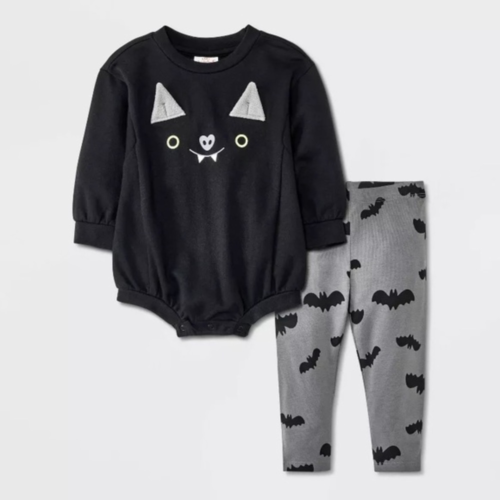 Baby Bat Face Romper & Leggings Set nwt Black 6-9M Halloween